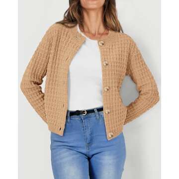 PRETTYGARDEN Women's Knit Cardigan Sweaters Casual Long Sleeve Open Front Button Down Trendy Jackets Outerwear (Khaki,Medium)