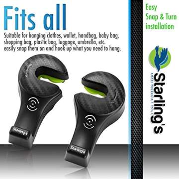 Starling's Headrest Hooks for Car - Back Seat Organizer Hanger Storage Hook, Car SUV(Set of 4) Black, Purse Hook for Car Handbag Clothes Umbrellas Coats Grocery Bags & More!
