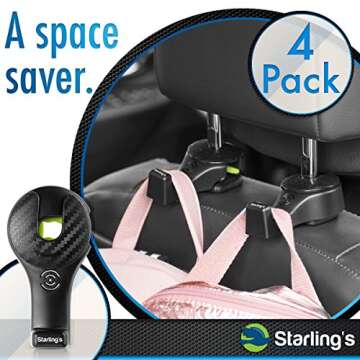Starling's Headrest Hooks for Car - Back Seat Organizer Hanger Storage Hook, Car SUV(Set of 4) Black, Purse Hook for Car Handbag Clothes Umbrellas Coats Grocery Bags & More!