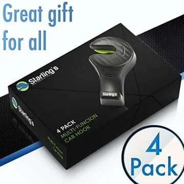 Starling's Headrest Hooks for Car - Back Seat Organizer Hanger Storage Hook, Car SUV(Set of 4) Black, Purse Hook for Car Handbag Clothes Umbrellas Coats Grocery Bags & More!