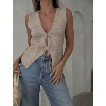 Meihuida Women Vest Top Tie Front Y2k Crochet Knit V Neck Sleeveless Vest Casual Streetwear Oatmeal ...