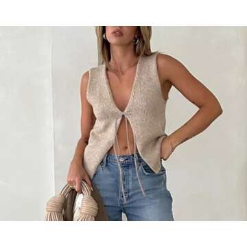 Meihuida Women Vest Top Tie Front Y2k Crochet Knit V Neck Sleeveless Vest Casual Streetwear Oatmeal S