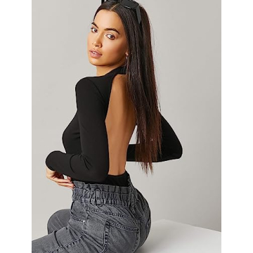 Floerns Mock Neck Backless Bodycon Bodysuit for Women