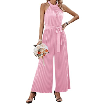 KIRUNDO Women 2024 Summer Halter Neck Sleeveless Pleated High Waist Belted Dressy Wide Leg Pant One ...