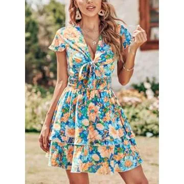 PRETTYGARDEN Women's Summer Swing Mini Dress Casual V Neck Short Sleeve Ruffle Tiered Layer A-Line Short Bow Dress (Floral Blue,Small)