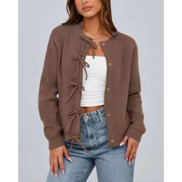 BTFBM Cardigan Sweaters for Women Trendy 2025 Fall Open Front Long Sleeve Button Down Bow Knot Cropped Lady Jacket(Brown, Large)