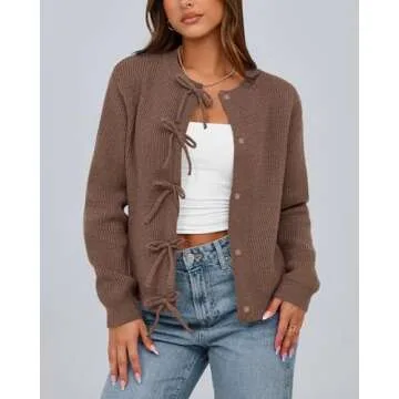 BTFBM Cardigan Sweaters for Women Trendy 2025 Fall Open Front Long Sleeve Button Down Bow Knot Cropped Lady Jacket(Brown, Large)