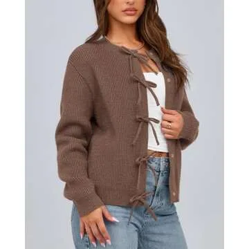 BTFBM Cardigan Sweaters for Women Trendy 2025 Fall Open Front Long Sleeve Button Down Bow Knot Cropped Lady Jacket(Brown, Large)