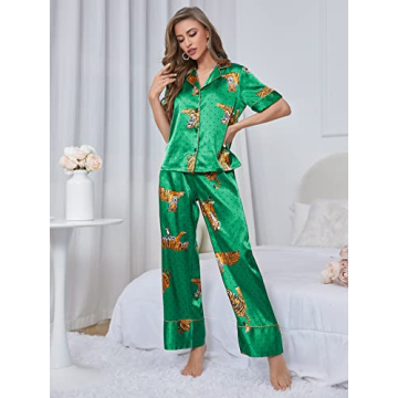 WDIRARA Women's Satin Tiger Print Pajama Set - Comfort & Style