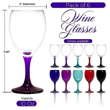TableTop King Colored Wine Glasses Set of 6 - Colorful Stem Wine Glasses 10 Oz - Purple Nuance Accent Cute Wine Glass Set - Sturdy Drinking Glasses - Multiple Vibrant Colors - Modern Glassware Set