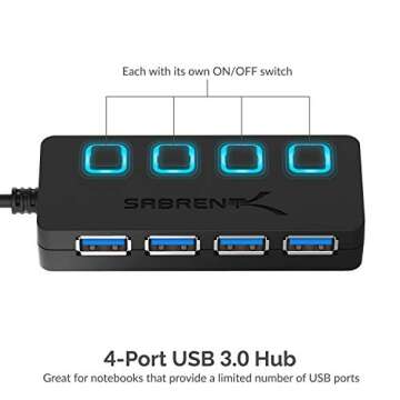 SABRENT 4-Port USB 3.0 Hub with Individual LED Power Switches - Slim, Portable Design - 2 Ft Cable -...