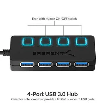 SABRENT 4-Port USB 3.0 Hub with Individual LED Power Switches – Slim, Portable Design – 2 Ft Cab...