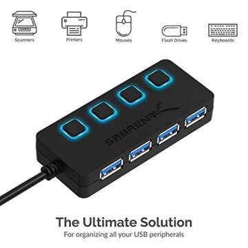 SABRENT 4-Port USB 3.0 Hub with Individual LED Power Switches - Slim, Portable Design - 2 Ft Cable - Fast Data Transfer - Compatible with Mac & PC (HB-UM43)