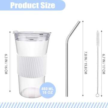 2 pcs Iced Coffee Cups with Lids, 16 oz Glass Cups with Lids and Straws, Reusable Tumbler with Silic...