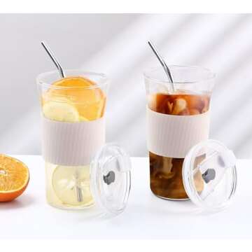 2 pcs Iced Coffee Cups with Lids, 16 oz Glass Cups with Lids and Straws, Reusable Tumbler with Silicone Sleeve, Wide Mouth Can Shaped Drinking Glasses for Coffee Juice Water Smoothie (White)