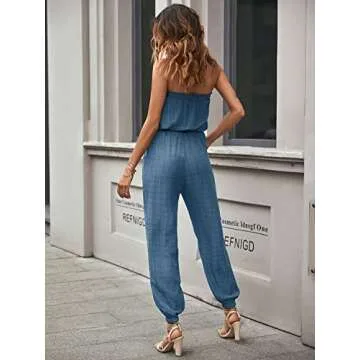 PRETTYGARDEN Women's Summer Formal Jumpsuits Off Shoulder Elastic Waist Belted One Piece Long Rompers with Pockets (Light Blue,Medium)