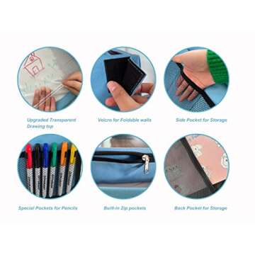 PRODUZOR Car Seat Organizer Backseat for Toddler Activities – Dry Erase Top Kids Travel Tray with 6 Pockets – Includes Pens, Bilingual Cards, Carry Bag – Ideal for Airplane, Road Trips