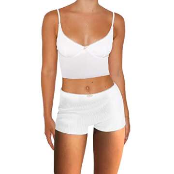 RUEWEY Women Y2K Shorts Set Floral Print Pajamas Set Knit Crop Cami Top Bodycon Shorts Lounge Summer 2Pcs Outfit Sets