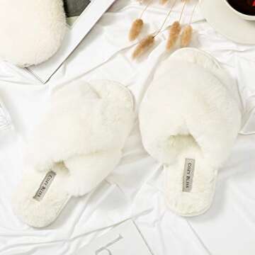 Cozy Bliss Women's Faux Fur Slippers Cross Band Open Toe Breathable Fuzzy Fluffy House Slippers Memo...