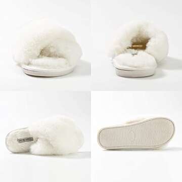 Cozy Bliss Women's Faux Fur Slippers Cross Band Open Toe Breathable Fuzzy Fluffy House Slippers Memory Foam Anti-Skid Sole Indoor Outdoor Slippers (Cream, 7-8)