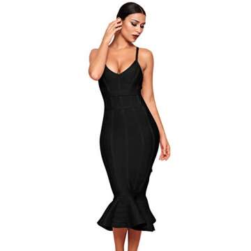 Maketina Women's Mermaid Spaghetti Strap V Neck Bodycon Midi Cocktail Bandage Dress Black L