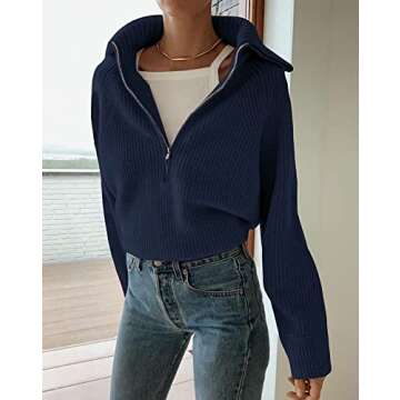 BTFBM Women’s Casual Long Sleeve Half Zip Pullover Sweaters Solid V Neck Collar Ribbed Knitted Loose Slouchy Jumper Tops(Solid Denim Blue, Small)