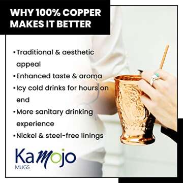 Kamojo Moscow Mule Copper Mugs Set of 2 with Unique Handcrafted Embossed Design with Anti-Tarnish Food-Grade Coating - Copper Cups Gift Set with 4 Straws & Recipe E-Book, 16 oz
