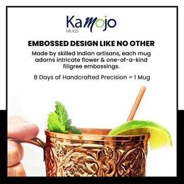 Kamojo Moscow Mule Copper Mugs Set of 2 with Unique Handcrafted Embossed Design with Anti-Tarnish Food-Grade Coating - Copper Cups Gift Set with 4 Straws & Recipe E-Book, 16 oz