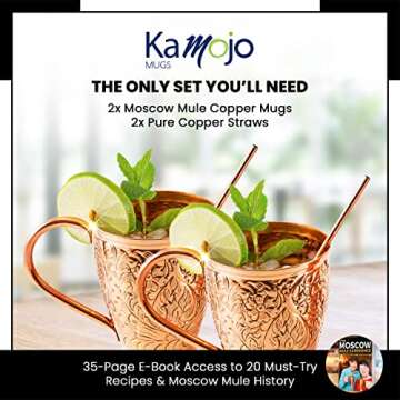 Kamojo Moscow Mule Copper Mugs Set of 2 with Unique Handcrafted Embossed Design with Anti-Tarnish Food-Grade Coating - Copper Cups Gift Set with 4 Straws & Recipe E-Book, 16 oz