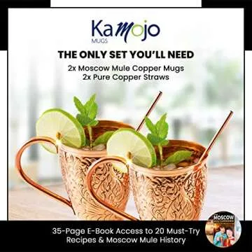 Kamojo Moscow Mule Copper Mugs Set of 2 with Unique Handcrafted Embossed Design with Anti-Tarnish Food-Grade Coating - Copper Cups Gift Set with 4 Straws & Recipe E-Book, 16 oz
