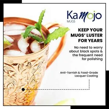 Kamojo Moscow Mule Copper Mugs Set of 2 with Unique Handcrafted Embossed Design with Anti-Tarnish Food-Grade Coating - Copper Cups Gift Set with 4 Straws & Recipe E-Book, 16 oz