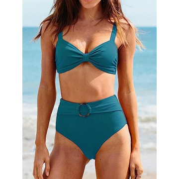 CUPSHE Women Bikini Set Tummy Control High Waist Teal