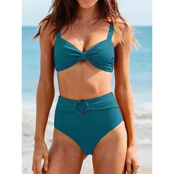 CUPSHE Women Bikini Set Tummy Control High Waist Teal