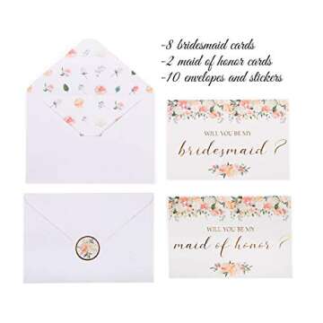 VNS Creations 8 Pack 4x6 Bridesmaid Proposal Cards - Will You Be My Bridesmaid and 2 Maid of Honor Cards - Floral Designs with Gold Foil - Ideal for Bridal Shower Party Gifts