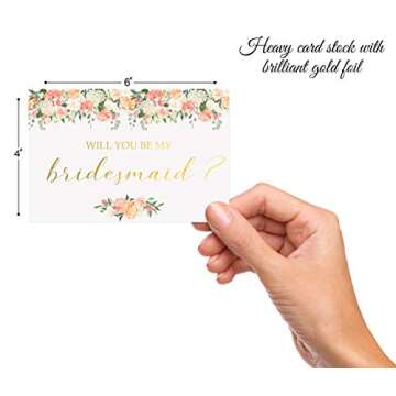 VNS Creations 8 Pack 4x6 Bridesmaid Proposal Cards - Will You Be My Bridesmaid and 2 Maid of Honor Cards - Floral Designs with Gold Foil - Ideal for Bridal Shower Party Gifts