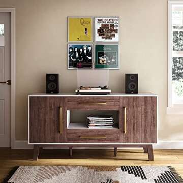 BELLEZE Mid-Century Modern Side Table with Two Drawers and Enclosed Cabinets, Sideboard Buffet Table for Kitchen, Living Room, or Hallway - Tristan (Dark Walnut)