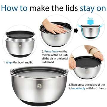 Wildone Stainless Steel Mixing Bowls, Nesting Bowls with Airtight Lids, Measurement Marks, Non Slip Silicone Bottoms, for Easy Mixing & Prepping - Set of 6