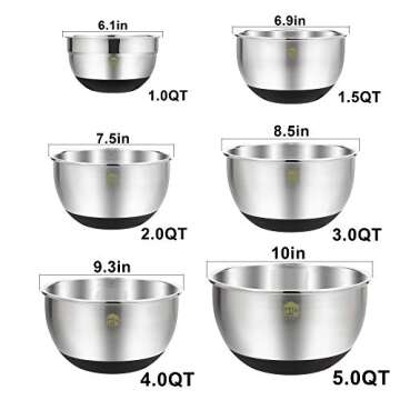 Wildone Stainless Steel Mixing Bowls, Nesting Bowls with Airtight Lids, Measurement Marks, Non Slip Silicone Bottoms, for Easy Mixing & Prepping - Set of 6