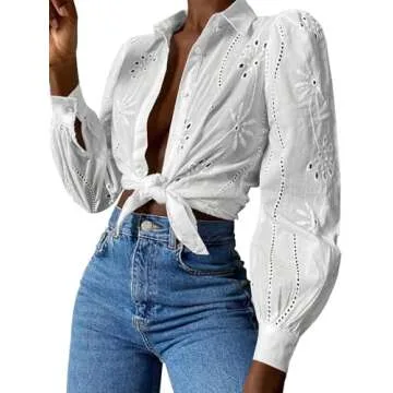Nsbonu Womens Long Puff Sleeve Blouse V Neck Buttons Hollow Out Lace Embroidered Blouses Shirts White