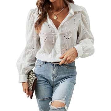 Nsbonu Womens Long Puff Sleeve Blouse V Neck Buttons Hollow Out Lace Embroidered Blouses Shirts White
