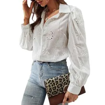 Nsbonu Womens Long Puff Sleeve Blouse V Neck Buttons Hollow Out Lace Embroidered Blouses Shirts White