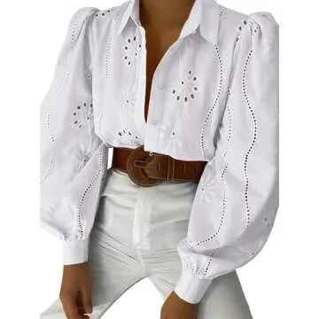 Nsbonu Womens Long Puff Sleeve Blouse V Neck Buttons Hollow Out Lace Embroidered Blouses Shirts White