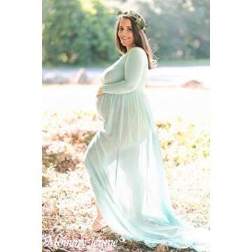 Mommy Jennie Maternity Dress Off Shoulder Long Sleeve Split Front Chiffon Gown for Photoshoot,Mint Green