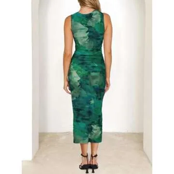 MEROKEETY Women's Summer Bodycon Tie Dye Dress - Sleeveless Maxi Dress in Green, XL
