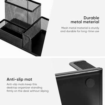 deli Mesh Desk Organizer Office Supplies Caddy with Pencil Holder and Storage Baskets for Desktop Accessories, 3 Compartments, Black