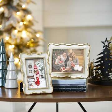 Glitzhome Picture Frame Set of 2, Vintage White with Gold Wavy Edge Resin Tabletop Picture Frames 5x...