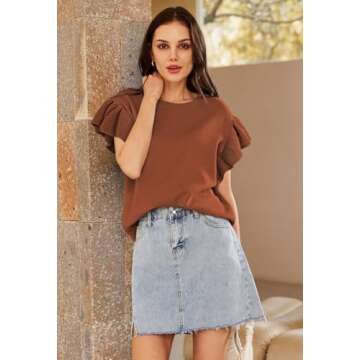 Pink Queen Womens Ruffle Edge Sleeves Tops Casual Crew Neck Loose Fit Knit Lightweight Sweater Pullover Top Chestnut M