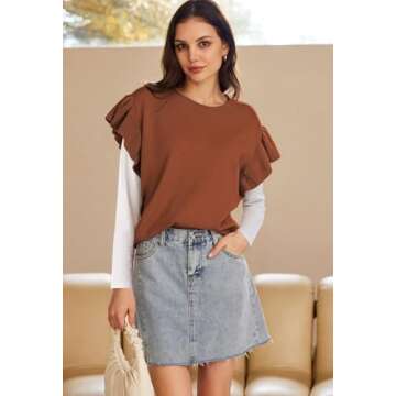 Pink Queen Womens Ruffle Edge Sleeves Tops Casual Crew Neck Loose Fit Knit Lightweight Sweater Pullover Top Chestnut M