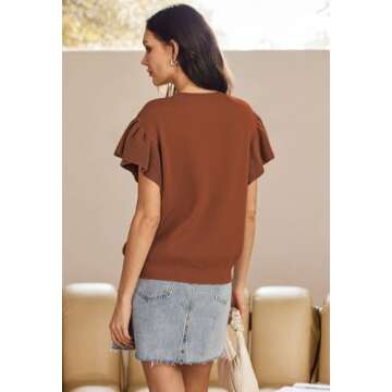 Pink Queen Womens Ruffle Edge Sleeves Tops Casual Crew Neck Loose Fit Knit Lightweight Sweater Pullover Top Chestnut M