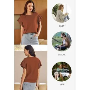 Pink Queen Womens Ruffle Edge Sleeves Tops Casual Crew Neck Loose Fit Knit Lightweight Sweater Pullover Top Chestnut M
